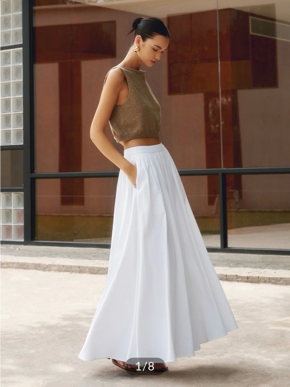 Commense Cotton Pleated White Maxi Skirt-M